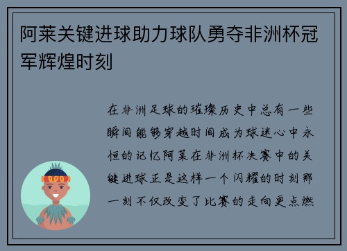 阿莱关键进球助力球队勇夺非洲杯冠军辉煌时刻